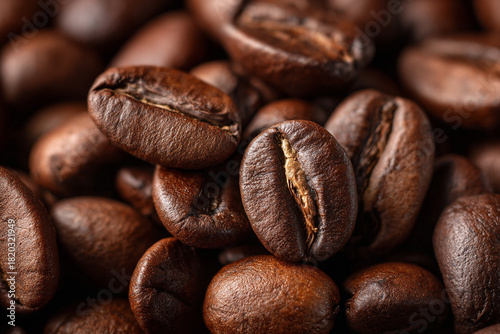 Roasted coffee beans, brown color, shiny texture