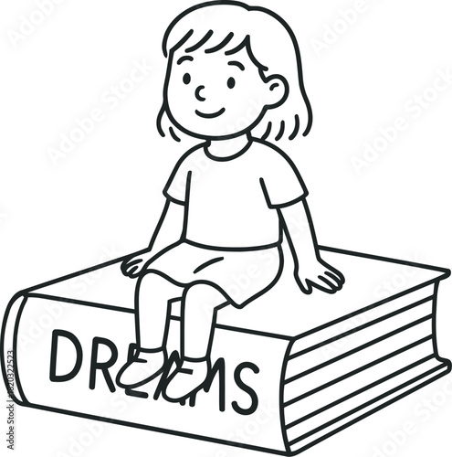 A young girl sitting on top of a large book of dreams