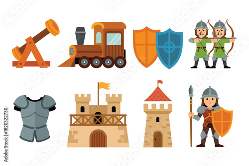 Fortress Defense Vector Icons – Children’s Style Illustrations of Catapult, Battering Ram, Castle Towers, Siege Weapons, and Medieval Stronghold Elements