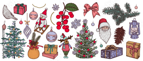 Big set of Christmas design elements. Gifts, Christmas trees, New Year toys, decor. Hand drawn vector illustration.