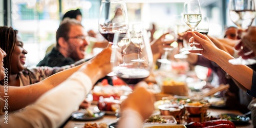 Bilde på lerret Group of diverse people clinking glasses at a lively gathering