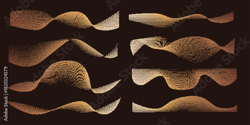 Gold Pixel Dither Gradient Wave Vector Set with Abstract Flowing Halftone Lines