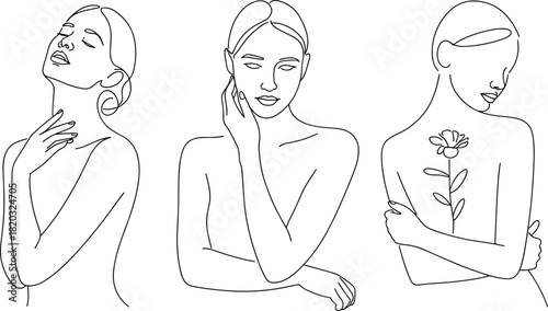 Three minimalist line art female figures with flower motif