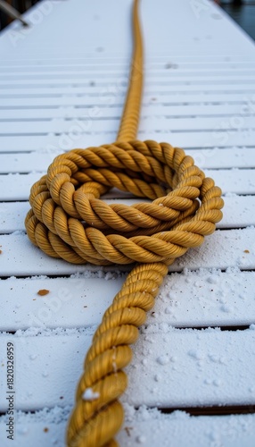 Close-up of a Tightly Coiled Nautical Rope on a White Pier Surface Stretching into the Distance