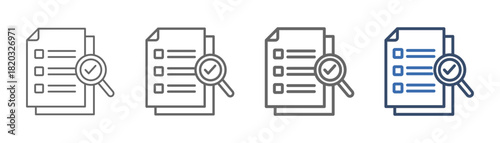 
outline icon set evaluation with document design, check mark, and magnifying glass