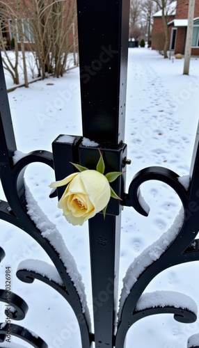 Elegant White Rose Piercing Through a Black Iron Gate Amidst Snowy Pathway and Winter Landscape