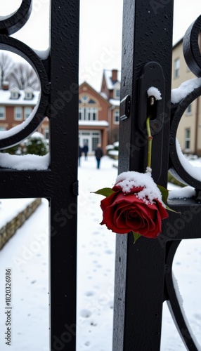 Single Red Rose Covered in Snow Hanging Elegantly on Black Iron Gate Leading to a Snow-Covered Pathway Towards Charming Brick Buildings in Winter Setting