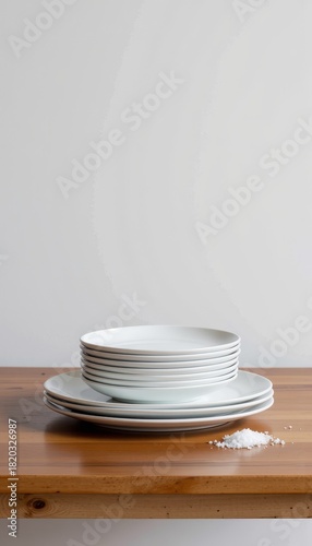 Minimalistic Stack of White Ceramic Plates on Wooden Surface Accompanied by Pile of Coarse Salt for Elegant and Simple Kitchen Aesthetic