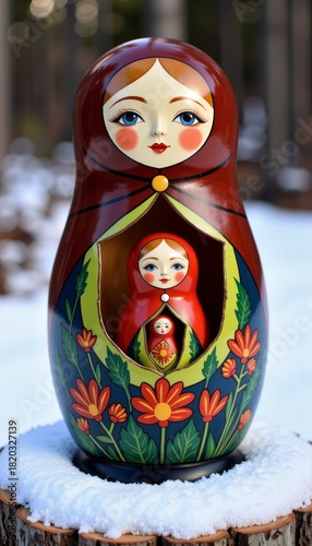 Colorful Nested Russian Matryoshka Dolls Displayed on Snow-Covered Wooden Surface in Winter Setting