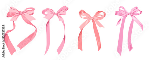 Pink Ribbon Bow Set. Glossy Pastel Decorative Bows Vector Clipart