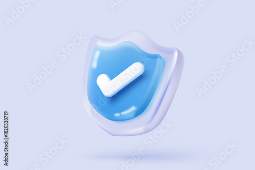 3D shield protection icon with check for online payment on white background concept, user account for 3d security with payment protection on isolated vector render background