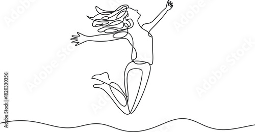 Woman jumping with arms outstretched in continuous line art