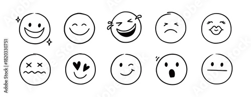 Doodle Emoji face icon set. Hand drawn sketch doodle style. Emoji with different emotion mood, happy, sad, smile face. Comic line emoticon character art. Vector illustration