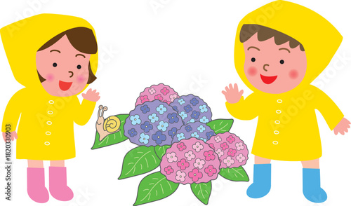 レインコートの男の子と女の子と紫陽花
