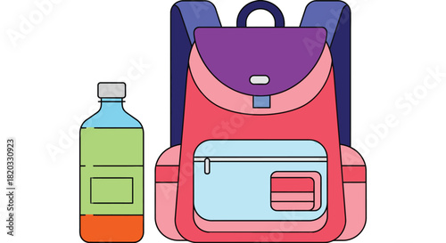 Backpack school bag with juice bottle cartoon vector illustration