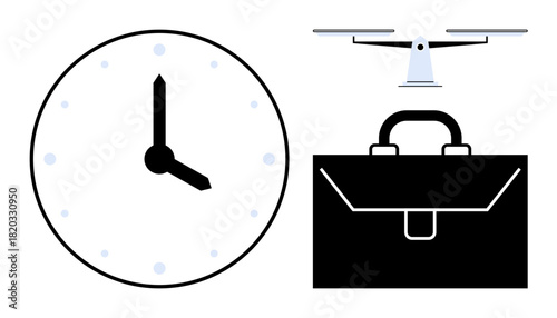 Clock for time management, quadcopter for innovation, and briefcase for professional work. Ideal for productivity, efficiency, technology, business operations, deadlines, innovation simple flat