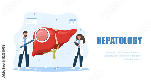 Hepatology concept. Diagnostic tests and treatment for cirrhosis or viral hepatitis in hospital. Vector illustration in flat cartoon style.