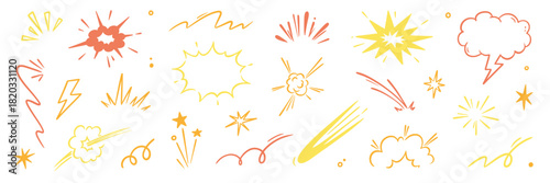 Explosive surprise comic line golden effect set. Hand drawn doodle cartoon speed effect, gold explosive burst action elements. Comic cartoon surprise line luxury shapes. Vector illustration.
