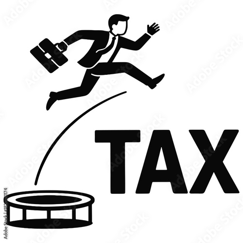 Businessman jumping over tax symbol to show tax evasion a businessman leaping over the word “TAX,” symbolizing tax evasion, avoidance, and bypassing financial obligations