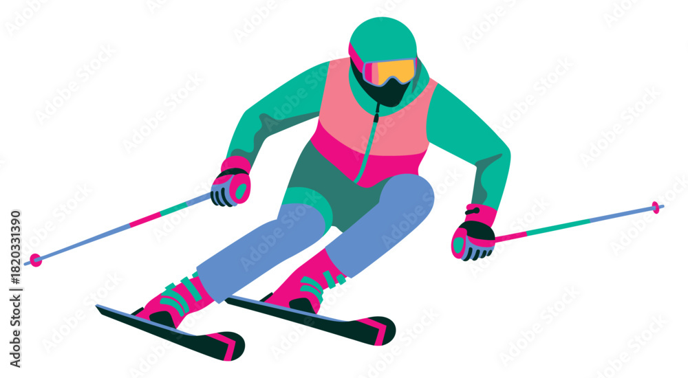 Obraz premium Winter sports downhill skiing illustration showcasing confident skier, mountain landscape, cold weather gear, and thrilling snow adventure for active lifestyle themes