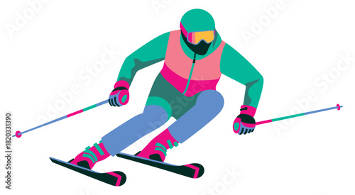 Winter sports downhill skiing illustration showcasing confident skier, mountain landscape, cold weather gear, and thrilling snow adventure for active lifestyle themes