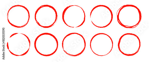 Brush red Japanese sun circle frame set. Hand drawn rough scribble grunge texture effect red circle. Grunge crayon japan flag round stamp. Pencil, marker stroke paint border. Vector illustration