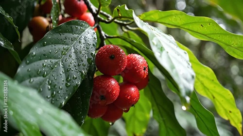 Close up of ripe red coffee cherries on a branch with green leaves.