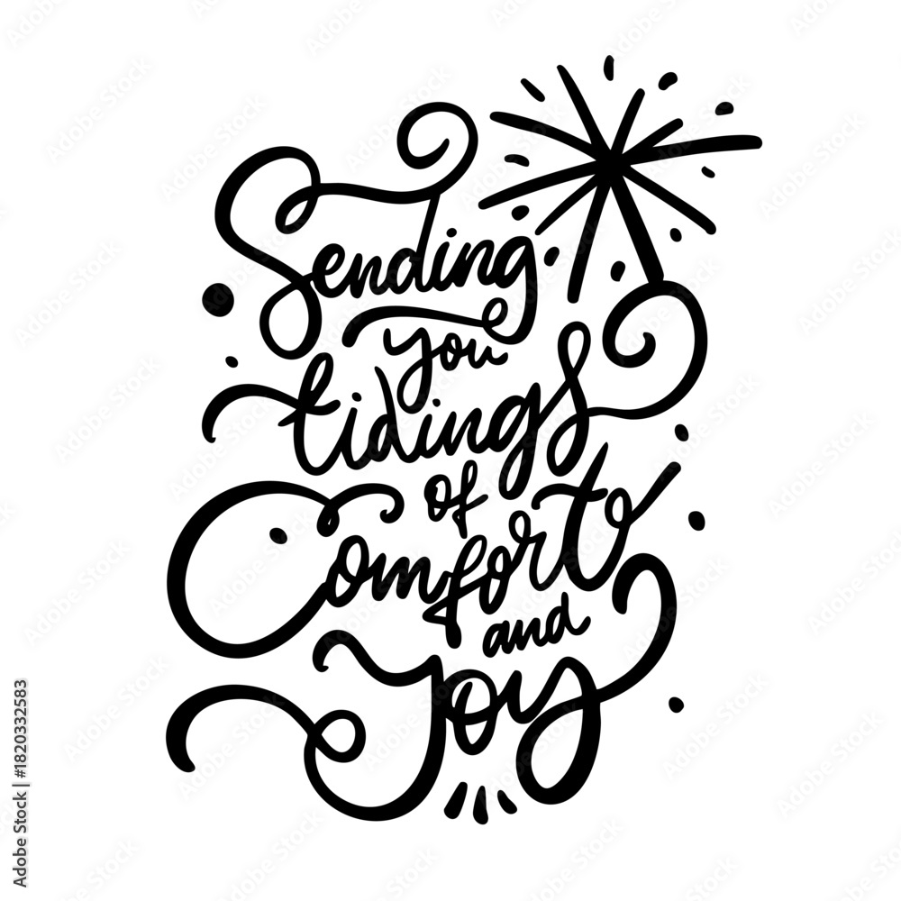 Naklejka premium Hand drawn holiday lettering with decorative swirls and a star element