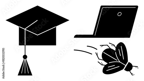 Graduation cap, laptop, and bug flying depict educational progress, coding issues, and digital problem-solving. Ideal for technology, education, programming, learning innovation problem-solving