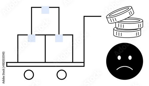 Stacked boxes on a handcart, coins, and a sad face symbolizing shipping expense, economic burden, and trade issues. Ideal for transportation, logistics, economy, delivery financial loss shipping
