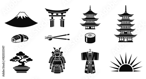 Japanese Culture Icons Set – Japan Symbols Silhouette Vector: Mt. Fuji, Torii Gate, Sushi, Kimono, Samurai, Bonsai