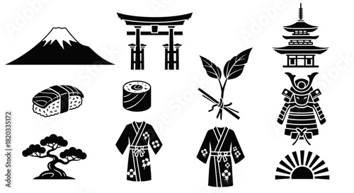 Japanese Culture Icons Set – Japan Symbols Silhouette Vector: Mt. Fuji, Torii Gate, Sushi, Kimono, Samurai, Bonsai