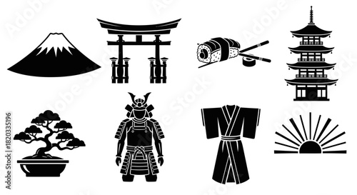 Japanese Culture Icons Set – Japan Symbols Silhouette Vector: Mt. Fuji, Torii Gate, Sushi, Kimono, Samurai, Bonsai