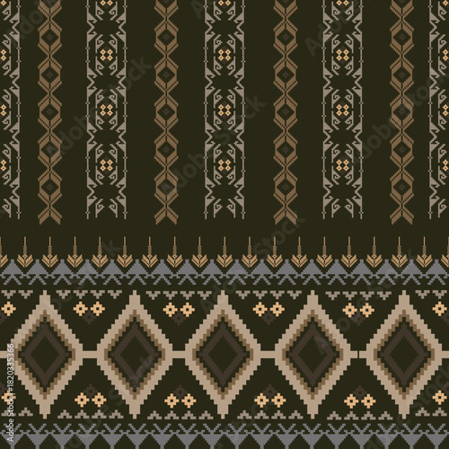 Brown and black cross-stitch ethnic seamless pattern in the style of the embroidery. Chavon's pixel seamless pattern. Design for textiles, rugs, tiles, and elaborate borders.