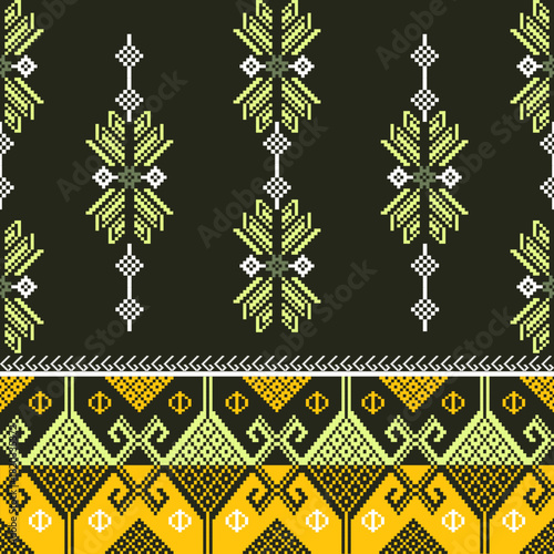 Yellow and black cross-stitch ethnic seamless pattern in the style of the embroidery. Pixel seamless pattern. Design for textiles, rugs, tiles, and elaborate borders.