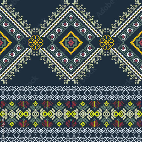 Yellow, green, and blue pixel ethnic boho seamless pattern. Tribal pattern. Folk motif. Textile rapport. Cross-stitch design for textiles, curtains, rugs, fabrics, interior design, and home decoration