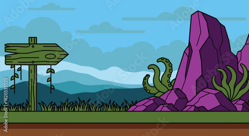 Cartoon game background landscape with signpost and purple rocks