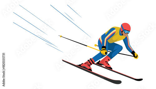 Dynamic skier in vibrant winter gear racing downhill snowy mountain slope, extreme sports action scene, fast alpine skiing illustration for adventure themes