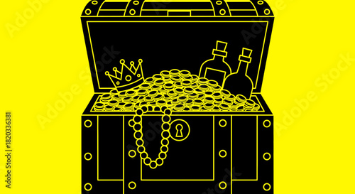 Treasure chest vector illustration with gold coins and crown art
