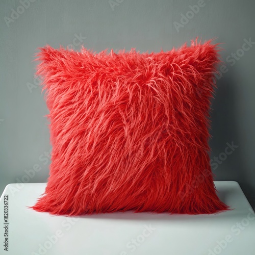 Fluffy red throw pillow with long shag texture on a white surface
