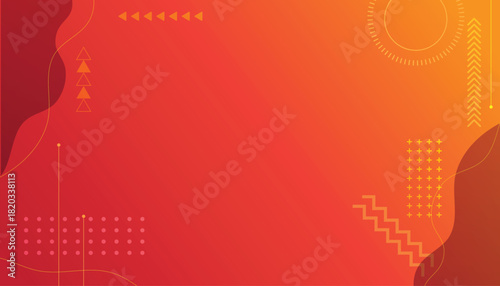 Bright orange red abstract background with geometric memphis style elements