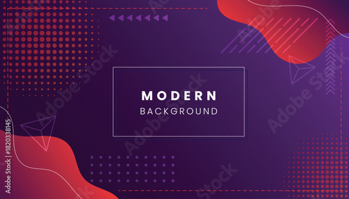 Memphis purple modern background with geometric shapes and halftone dotted design