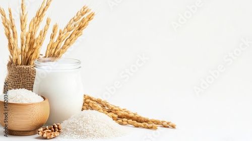 The Essence of Rice: A close-up view presents the core elements of rice, including a bowl of grains, an assortment of stalks, and rice milk in a glass jar, demonstrating natural wholesome nutrients.