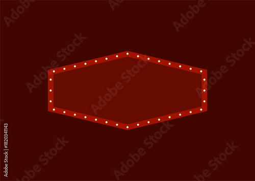 Retro dark red hexagonal sign frame with electric bulbs flat illustration
