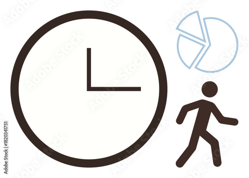 Clock representing time, pie chart symbolizing tasks, and walking figure for action. Ideal for productivity, teamwork, organization, time tracking, scheduling planning personal efficiency. Simple