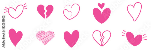 Heart doodle vector set. Hand draw element with heart in different shape. Elements on white background for banner, decoration, street art and ads.