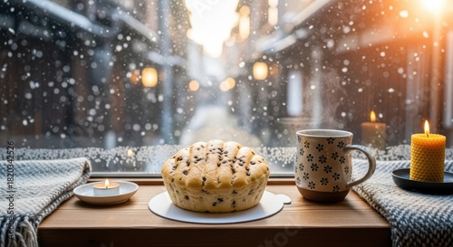 Japaneese cheesecake cozy winter scene viewed through a window with falling snow, featuring a freshly baked loaf of bread, a warm beverage in a mug, and lit candles on a wooden sill