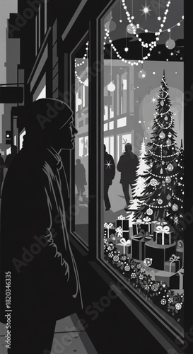 Silhouette of a person in a coat looking into a festive shop window.