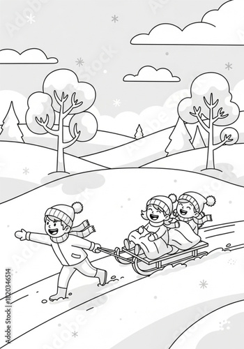 Happy children playing with a sled in the snow for a coloring page.