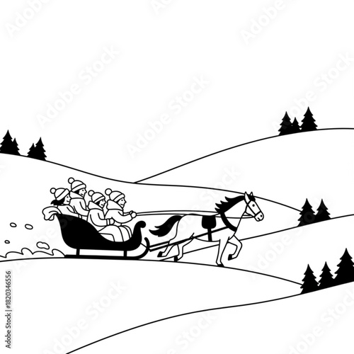 A horse pulling a sleigh full of people in a winter line drawing.
